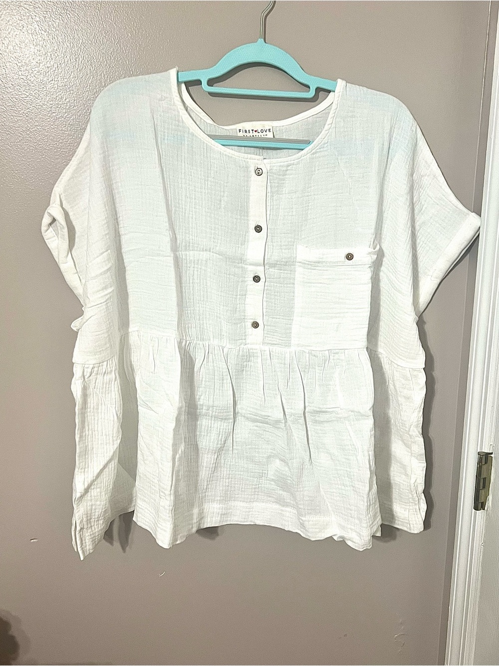First Love White Cotton Button-Front Peplum Tunic